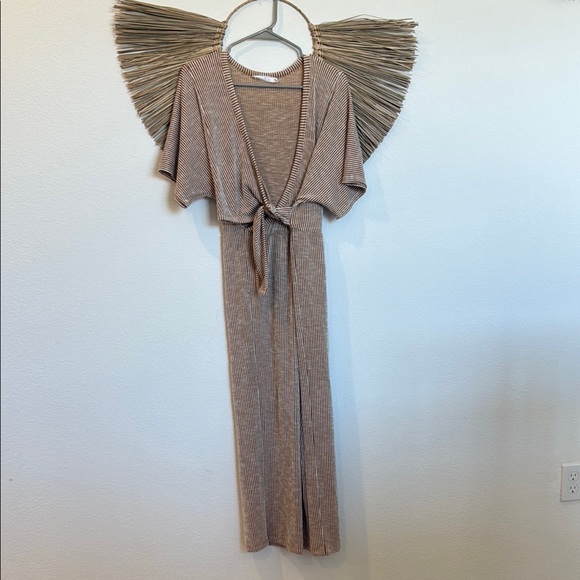 All in Favor Tan and White Jumpsuit with Elegant Stripes - Picture 3 of 10